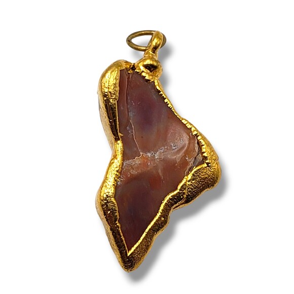 Vintage Gold Plated Natural Stone Pendant Irregular Shaped Brown Orange Marbled - Picture 4 of 7